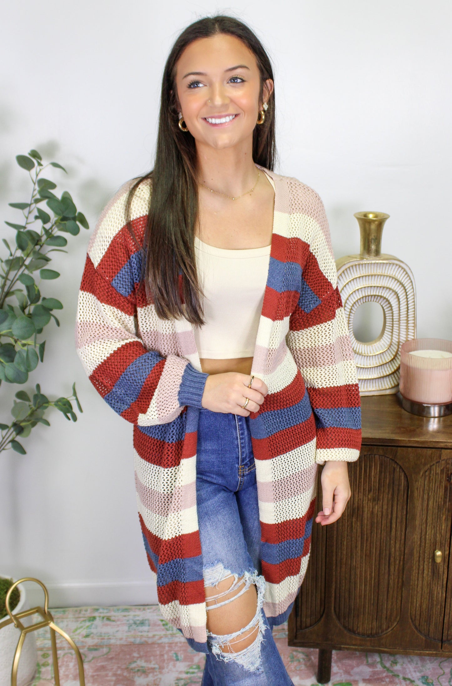 Red and Blue Striped Cardigan September.