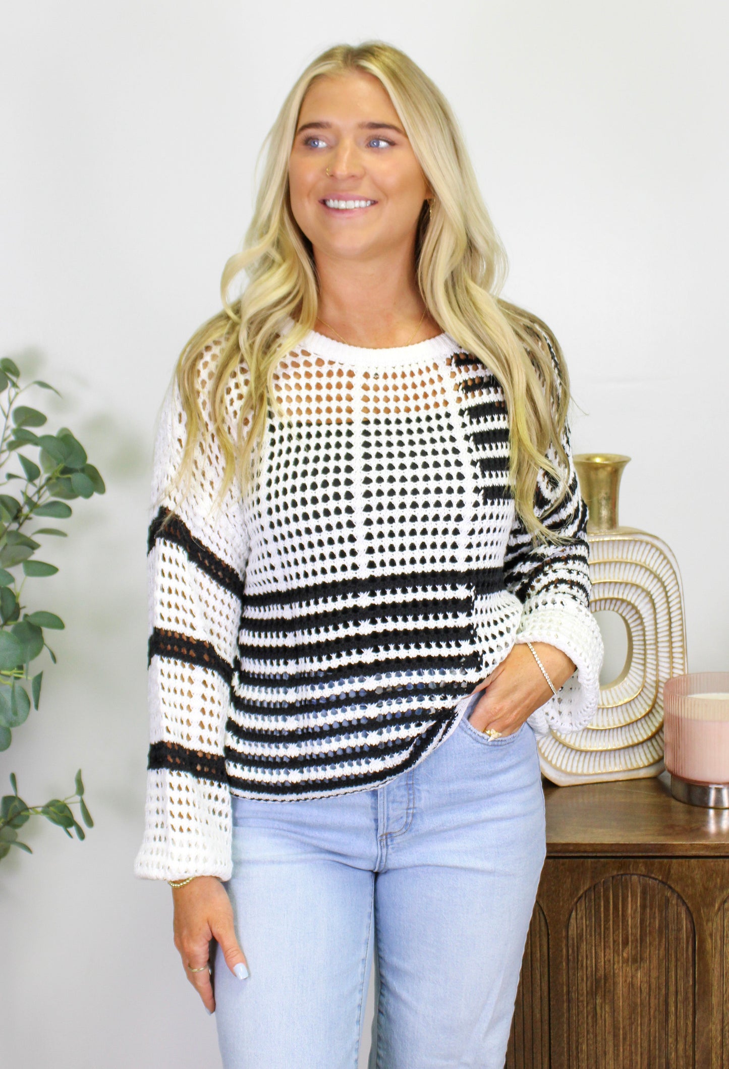 Black and White Striped Hollow Knit Top September.
