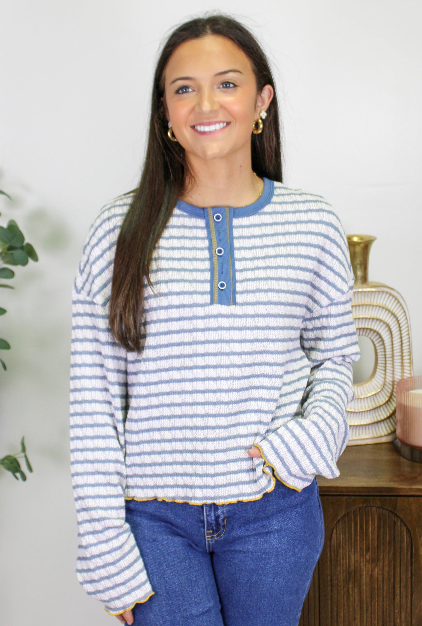 Blue Striped Henley Top September.